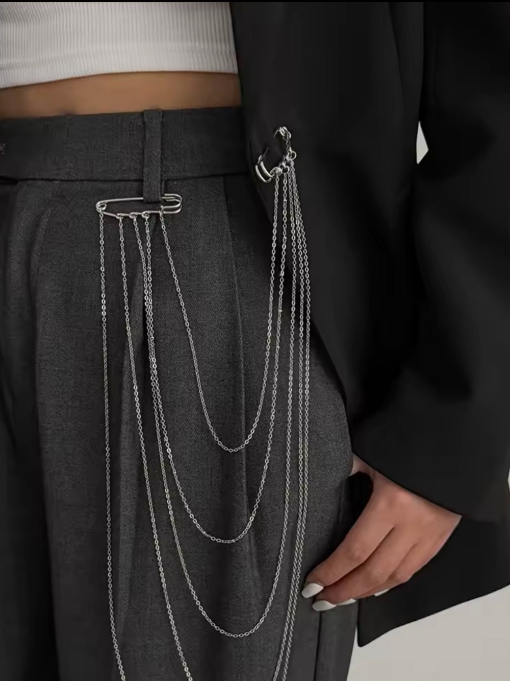 Silver Multi Layer Chain Safety Pin Brooch